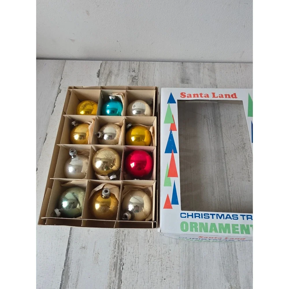 Vintage shiny Brite ball ornament green red gold silver set box Santa Land Xmas